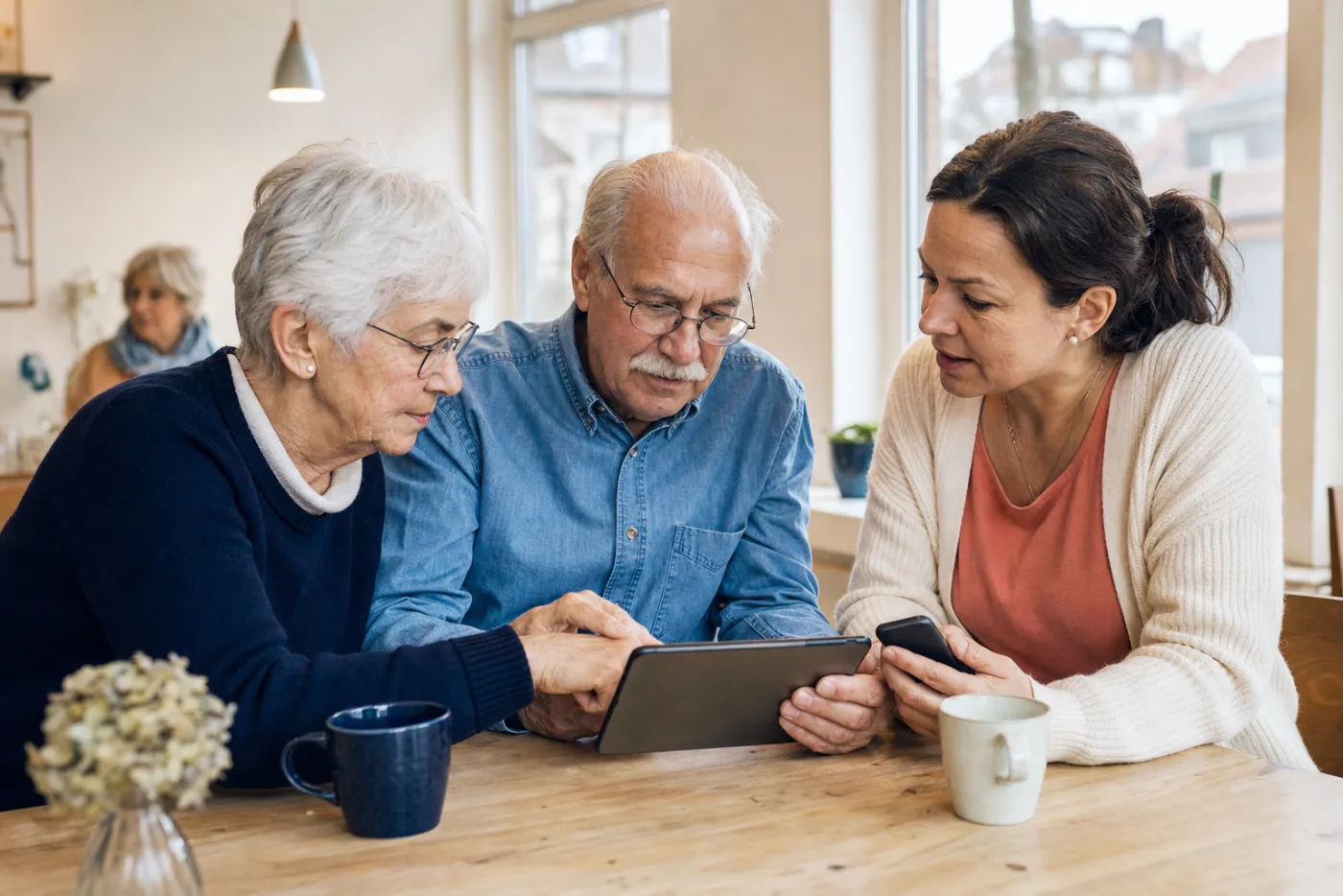 Zwei ältere Menschen schauen gemeinsam mit einer Helferin auf ein Tablet.